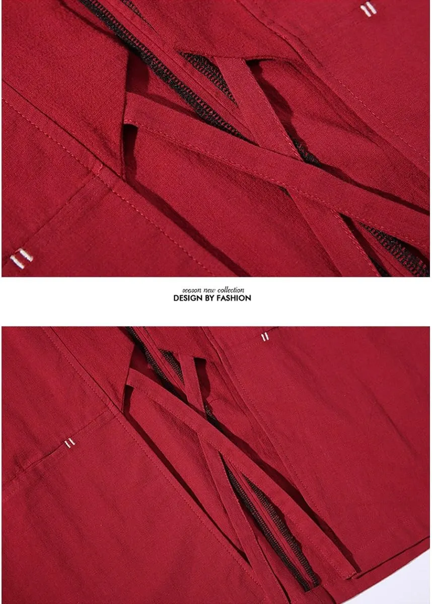Men's Cotton Blends Linen Open Front Cardigan Embroidery Kimono Jackets