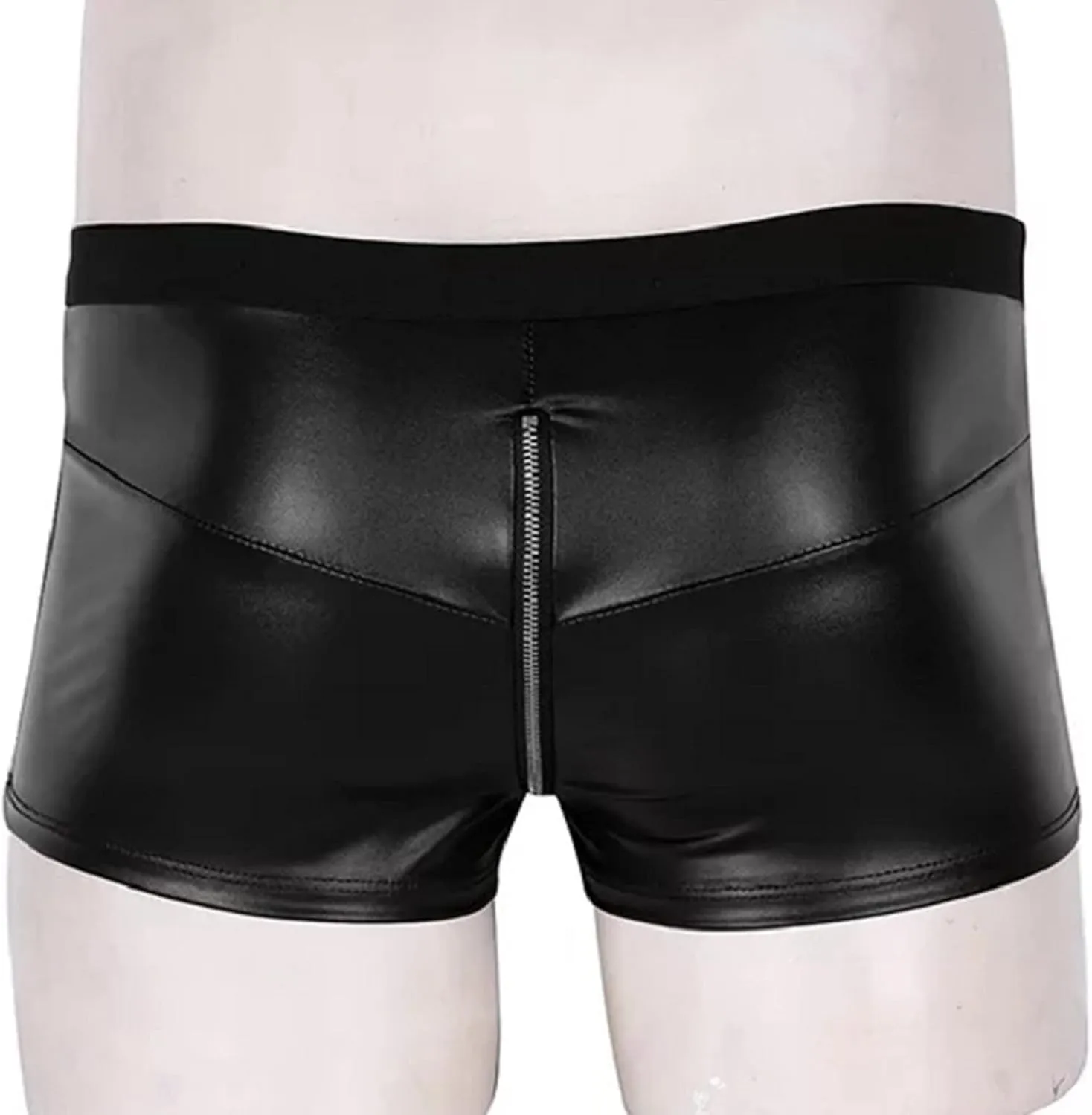 Men's Faux Leather Boxer Shorts Sexy Zipper Bulge Pouch Briefs Sexy Plus Size Low Rise Stretchy Underwear Panties