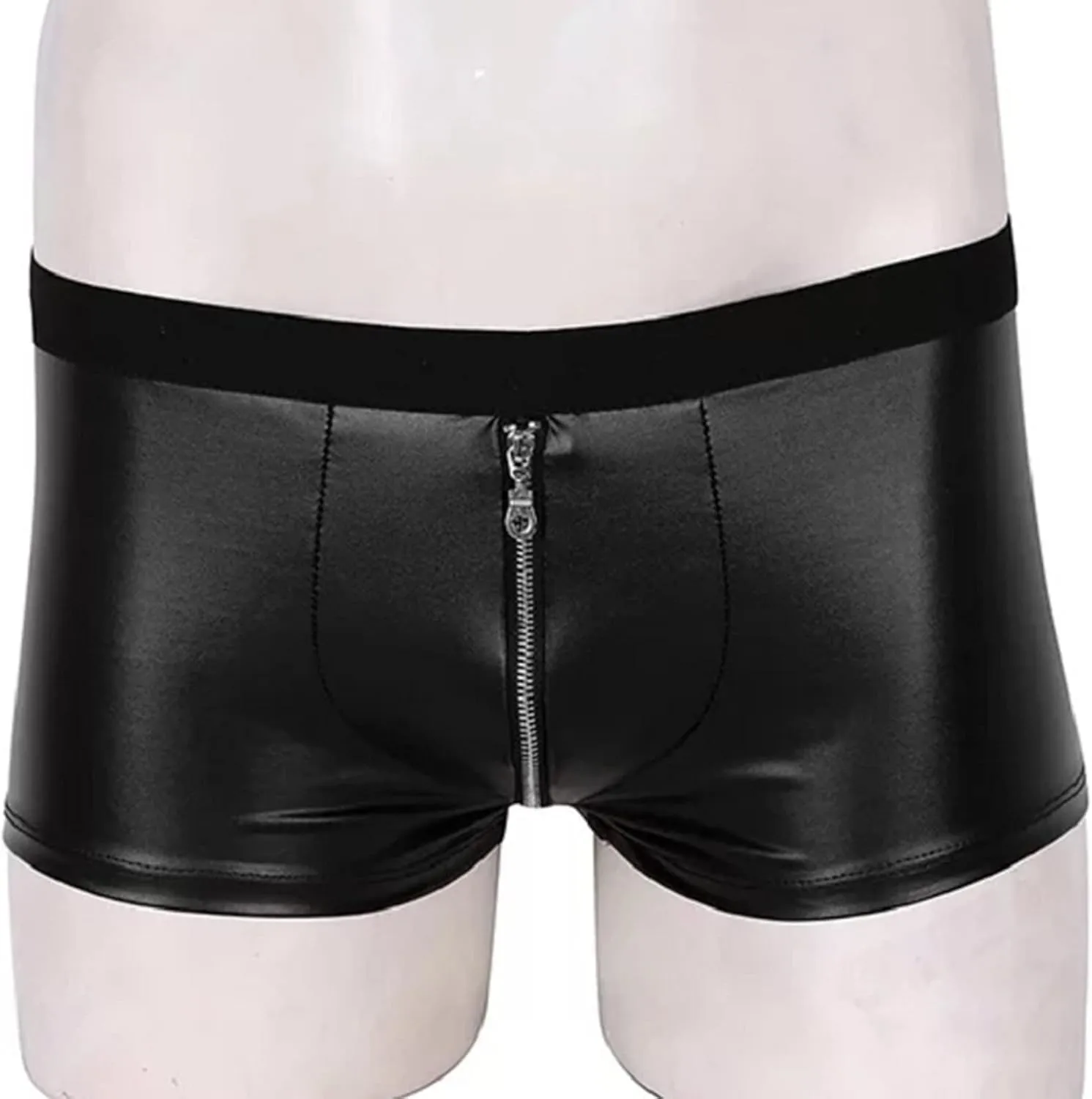 Men's Faux Leather Boxer Shorts Sexy Zipper Bulge Pouch Briefs Sexy Plus Size Low Rise Stretchy Underwear Panties