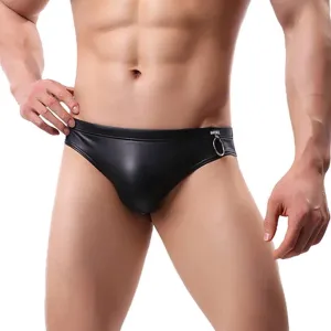 Men's Faux Leather Underwear G String Low Rise Chainring Brief Sexy Gay Lingerie for Men Plus Size Black Sissy Gay