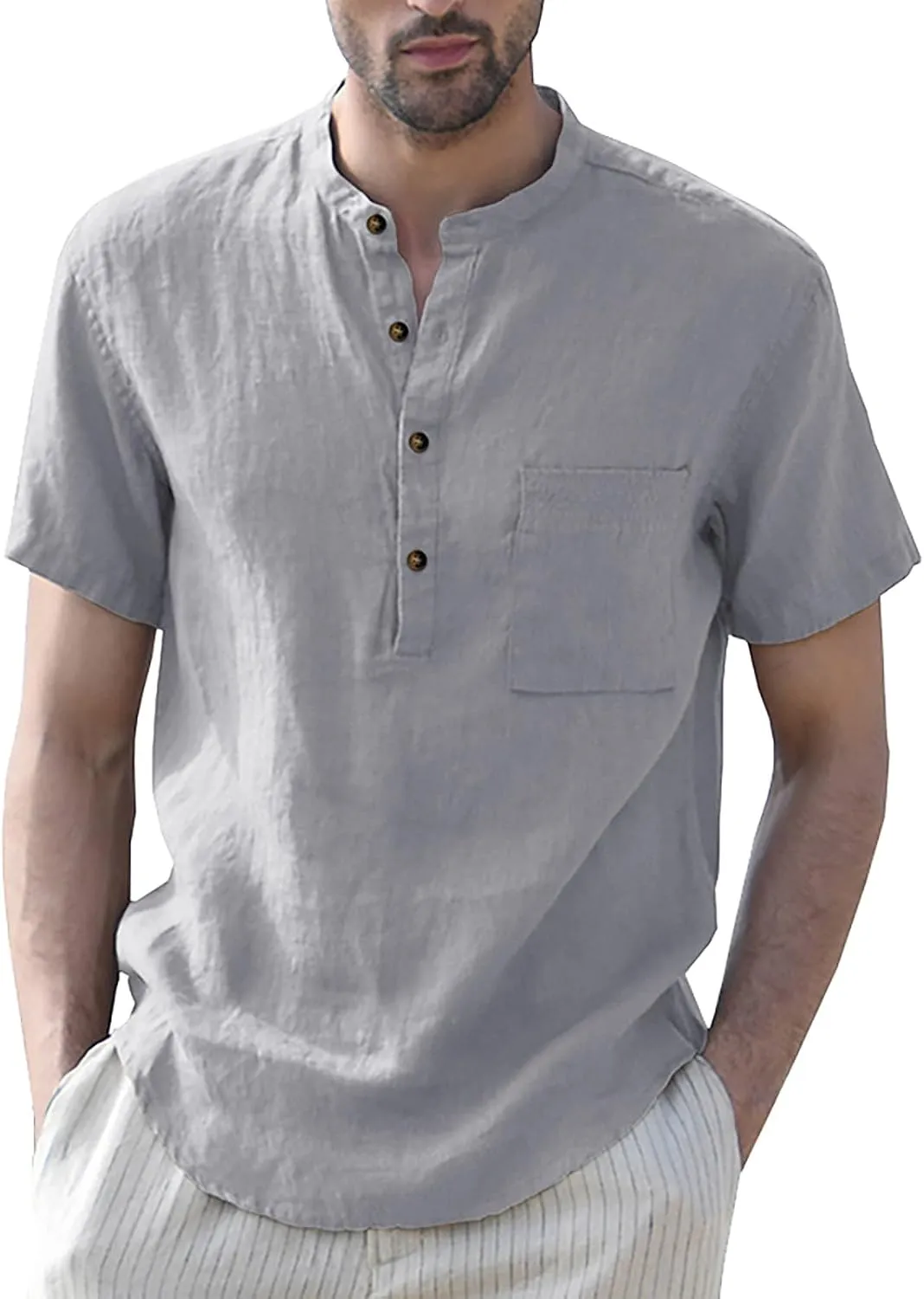 Mens Henley Shirts Short Sleeve Pocket Tee Shirts Slim Fit Cotton T-Shirts Vintage Plain Lightweight Summer Beach Tops