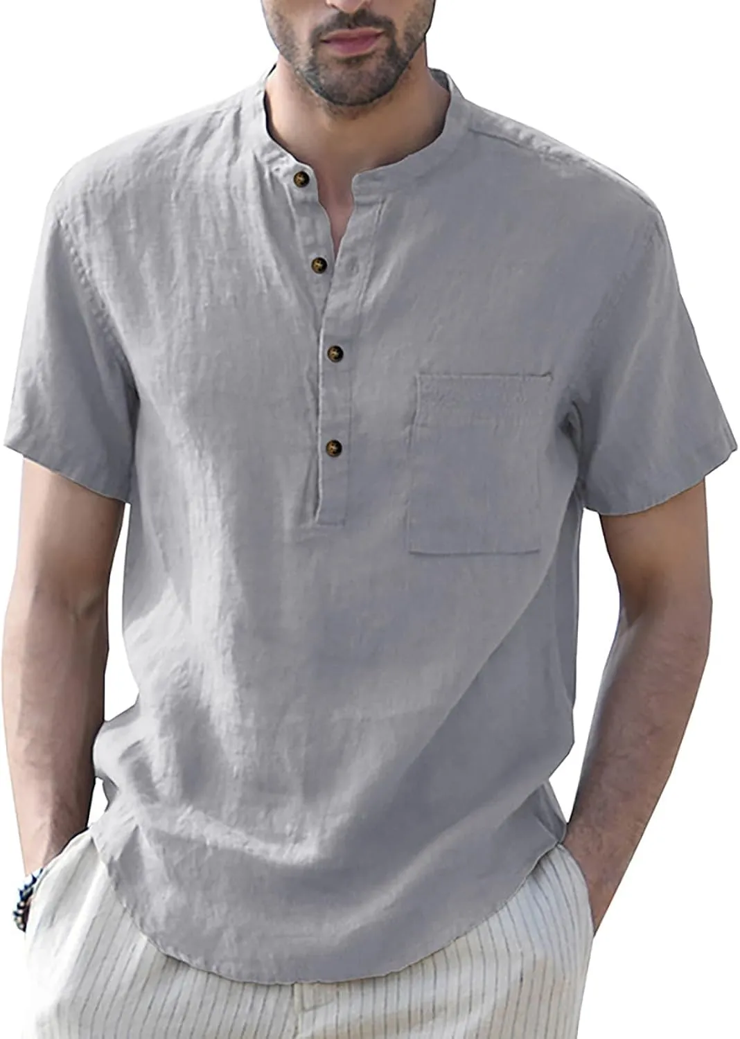 Mens Henley Shirts Short Sleeve Pocket Tee Shirts Slim Fit Cotton T-Shirts Vintage Plain Lightweight Summer Beach Tops