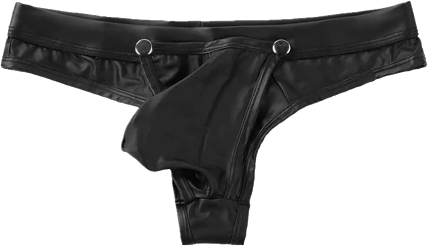 Men's Leather Elephant Nose Enhancing Thong Brief Dual PouchButton Removable Bulge Pouch G-String Panty Clubwear
