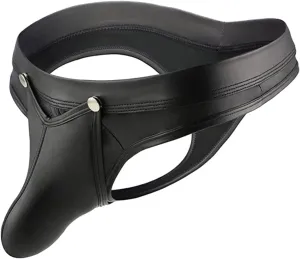 Men's Leather Elephant Nose Enhancing Thong Brief Dual PouchButton Removable Bulge Pouch G-String Panty Clubwear
