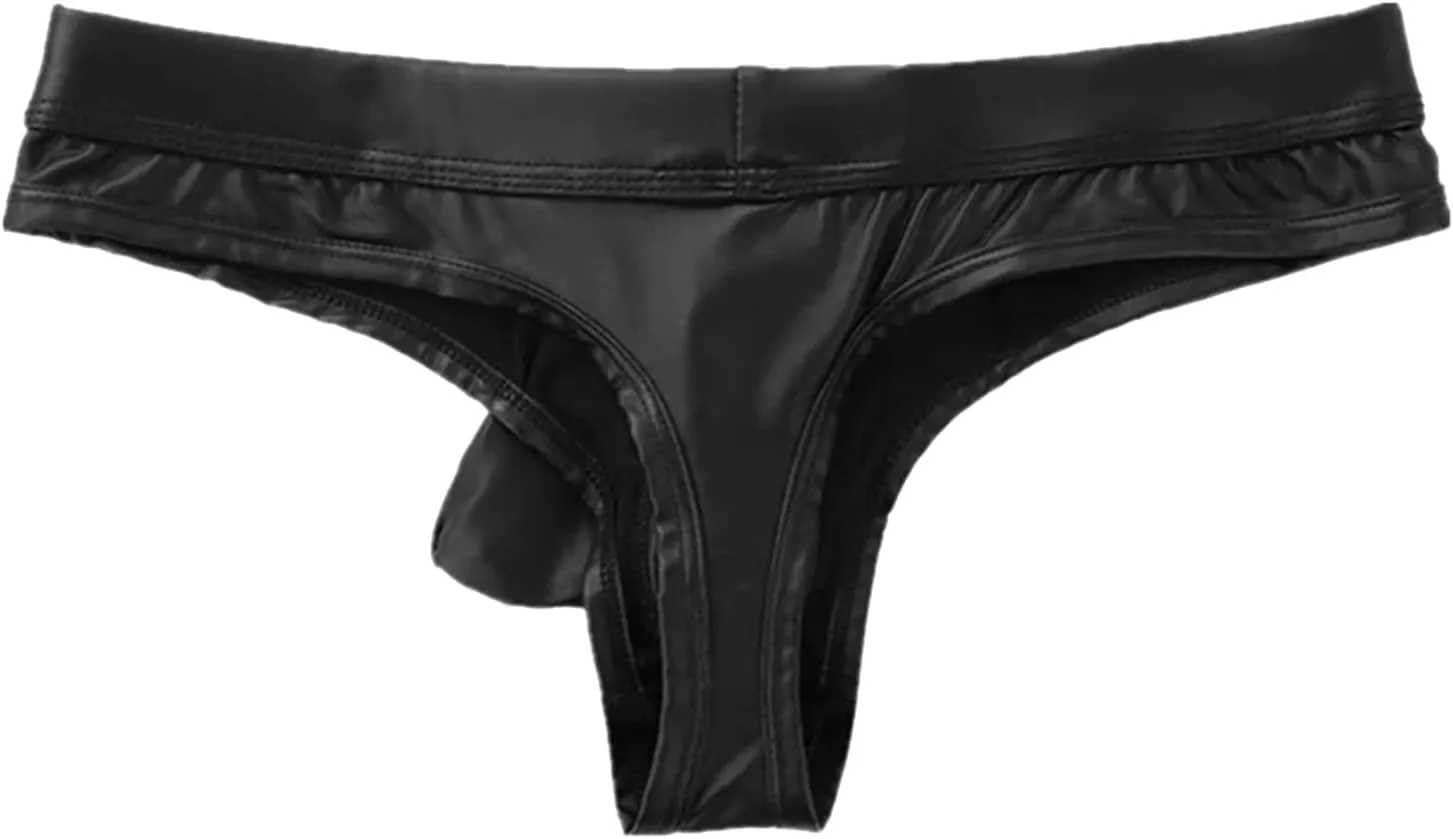 Men's Leather Elephant Nose Enhancing Thong Brief Dual PouchButton Removable Bulge Pouch G-String Panty Clubwear