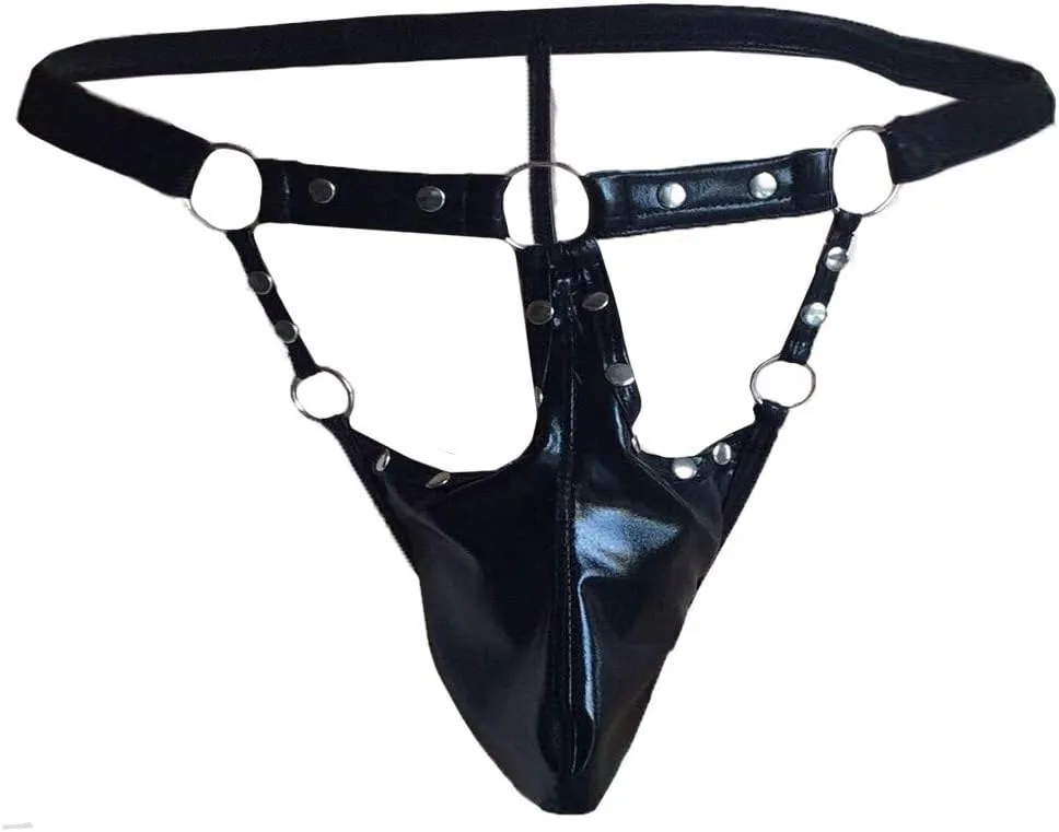 Mens Leather Thongs Underwear Sexy Low Rise G-String Button Jock Strap Underpants Hollow Out Clubwear Erotic Lingerie