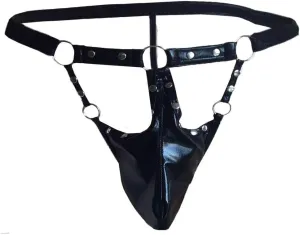 Mens Leather Thongs Underwear Sexy Low Rise G-String Button Jock Strap Underpants Hollow Out Clubwear Erotic Lingerie