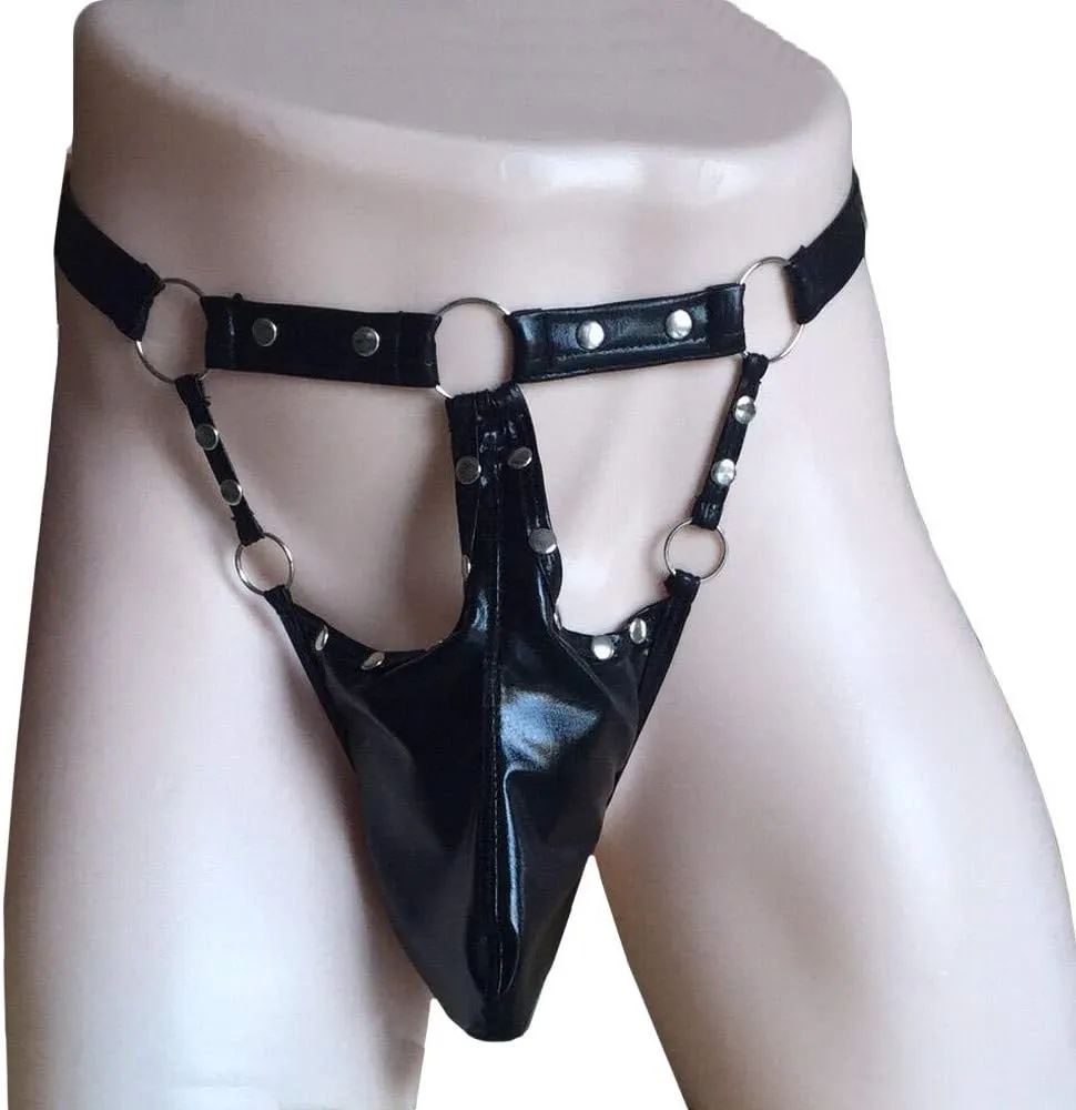 Mens Leather Thongs Underwear Sexy Low Rise G-String Button Jock Strap Underpants Hollow Out Clubwear Erotic Lingerie