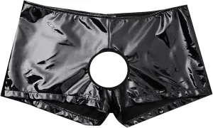 Mens Sexy PVC Leather Boxer BriefHollow Out Front Closure Low Waist ShortWetlook Bottomless Underwear Rave Outfit