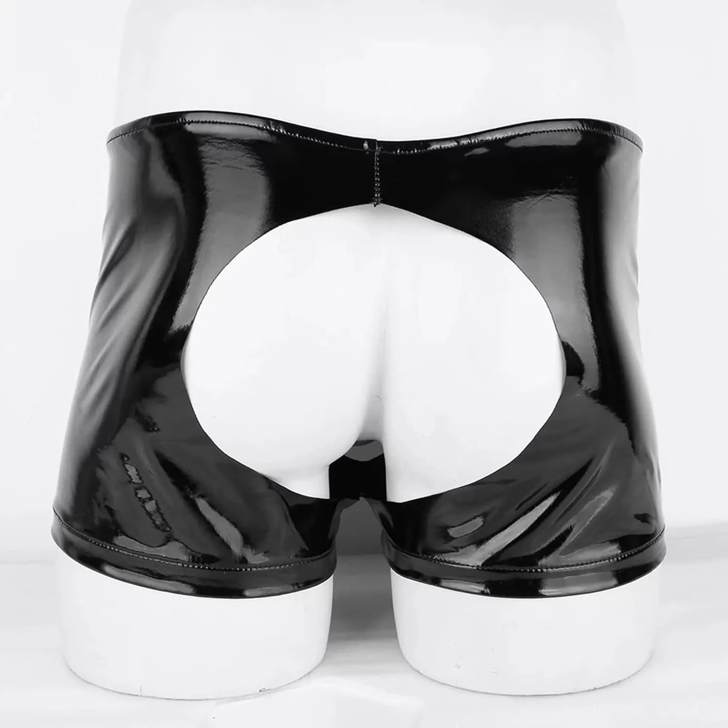 Mens Sexy PVC Leather Boxer BriefHollow Out Front Closure Low Waist ShortWetlook Bottomless Underwear Rave Outfit