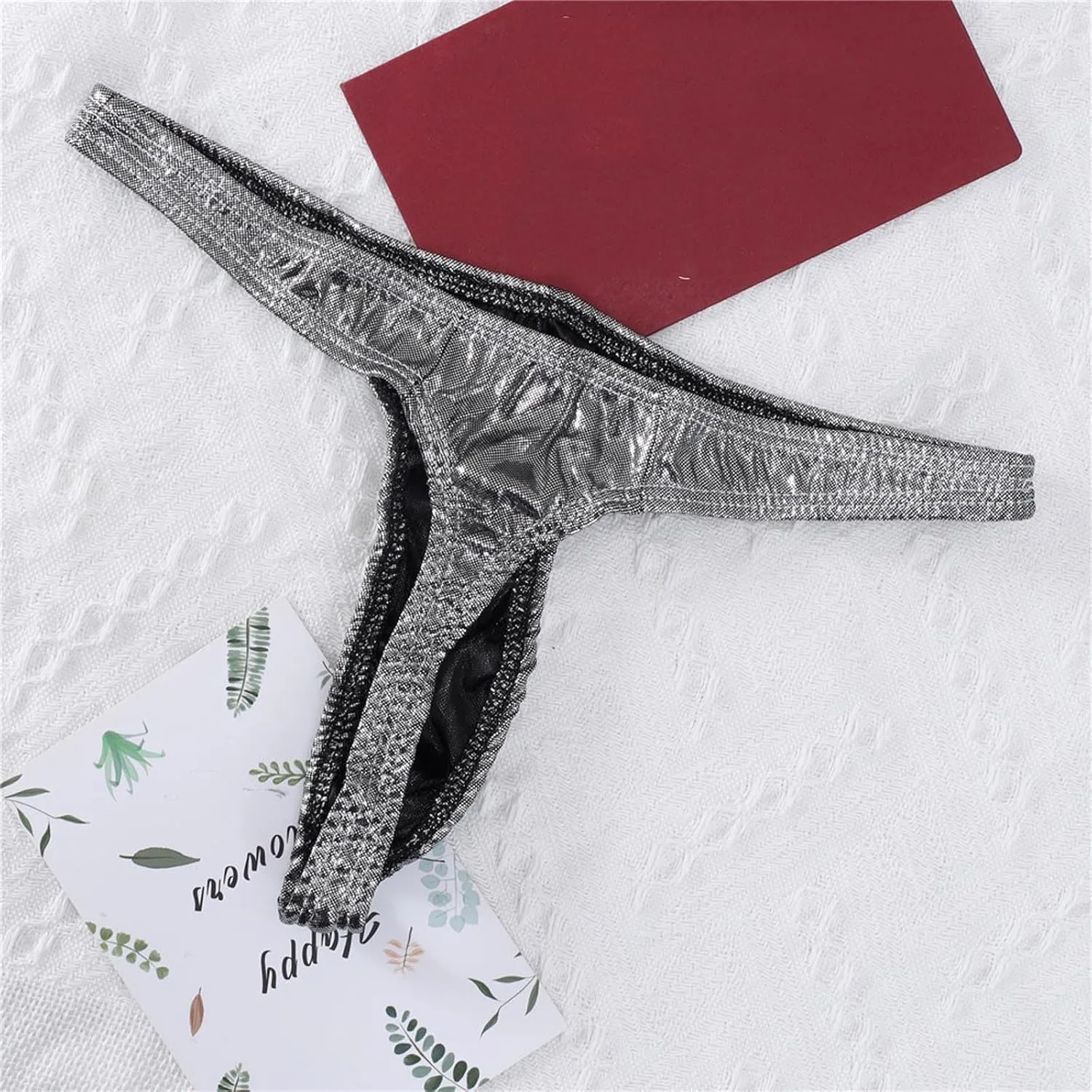 Mens Sexy Thong Briefs Faux Leather Low Rise Bikini Thongs for Men Male Lingerie T-Back Thongs Lingerie