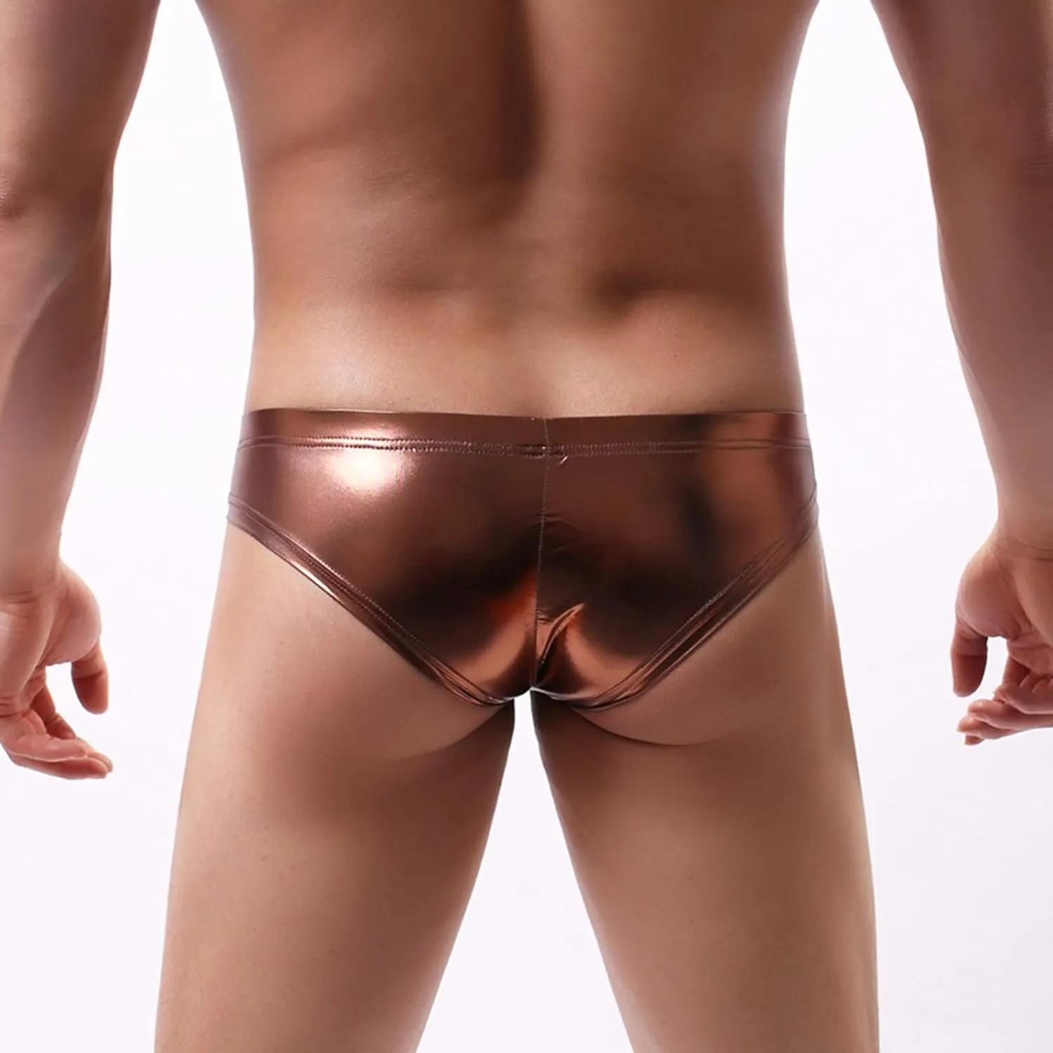 Men's Sexy Thong Pouch Underwear Metallic Elastic Band Patent Leather Wrinkled Lingerie Boxer Briefs with Bronzing