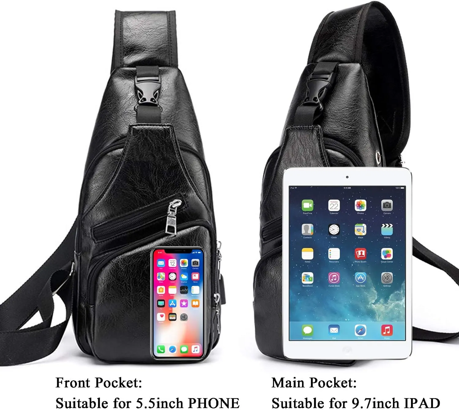 Men's Sling Bag, Business Leather Shoulder Backpacks Campus Travel Crossbody Bag with USB Charging Port