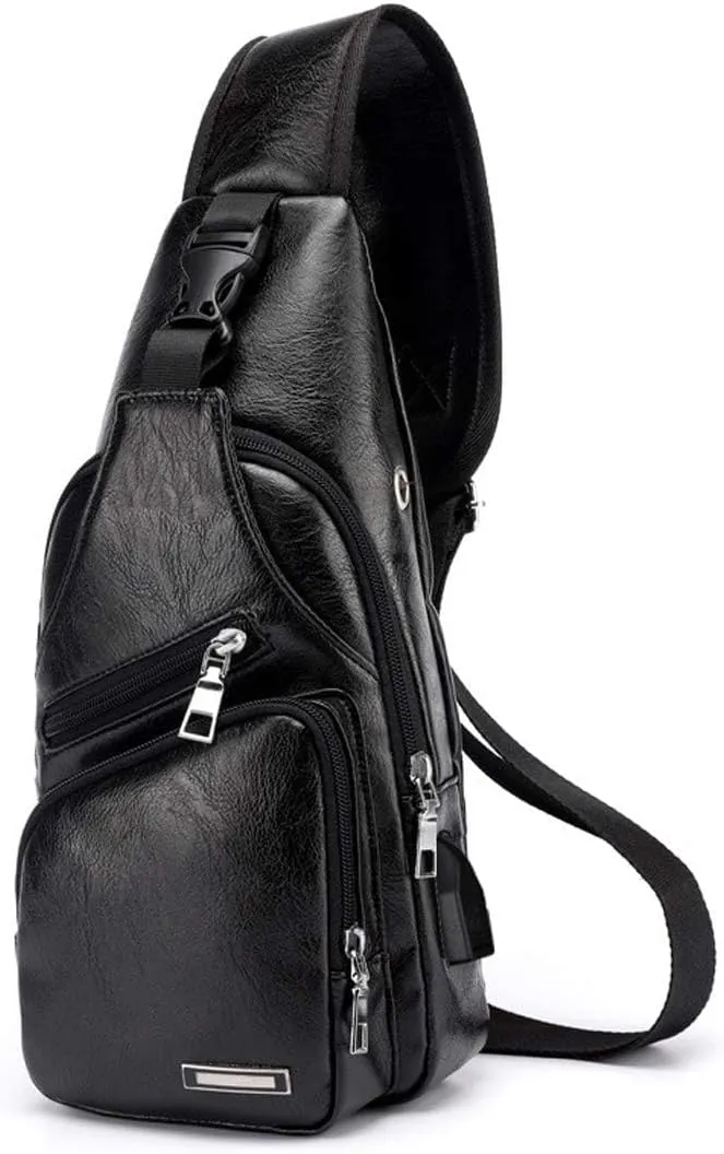 Men's Sling Bag, Business Leather Shoulder Backpacks Campus Travel Crossbody Bag with USB Charging Port