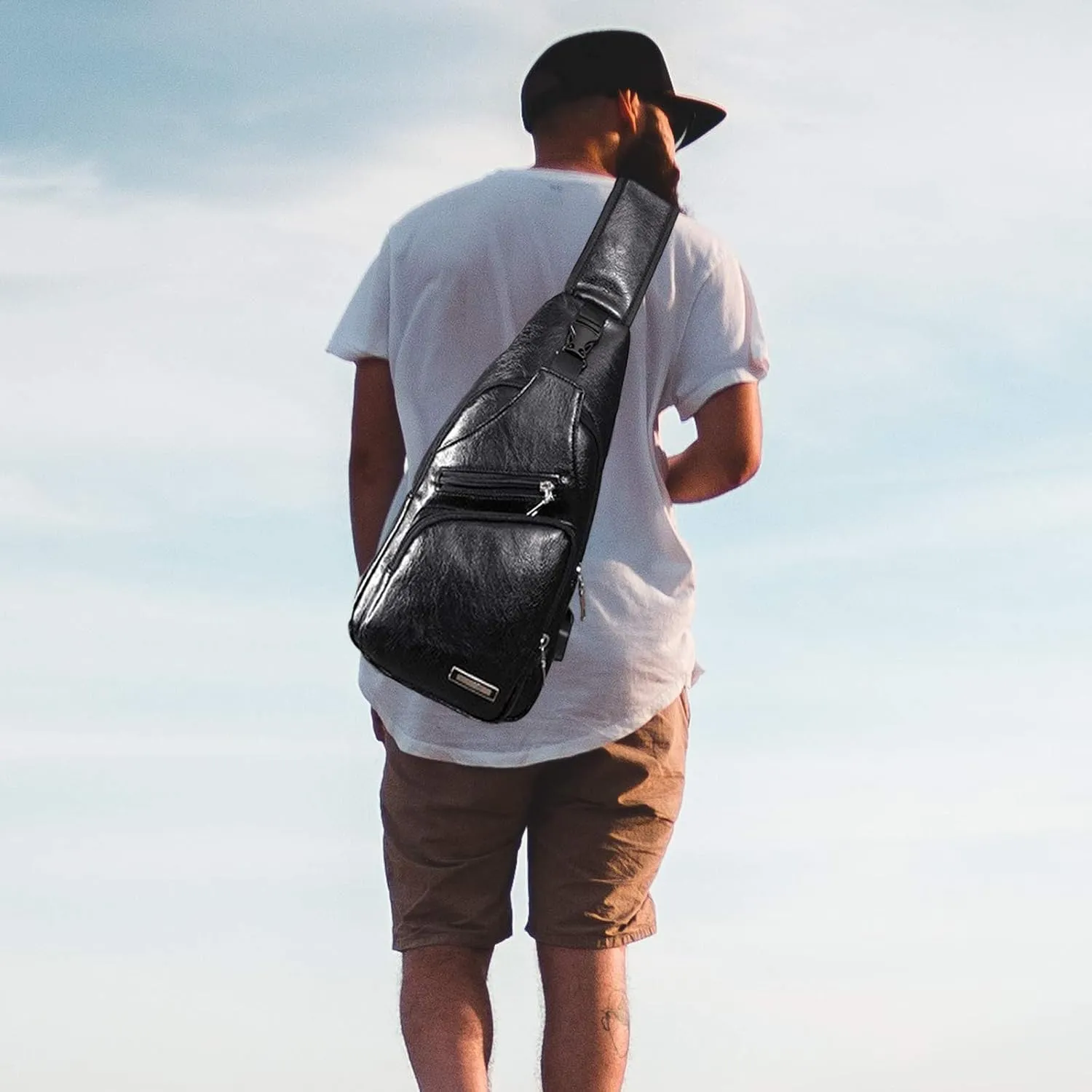 Men's Sling Bag, Business Leather Shoulder Backpacks Campus Travel Crossbody Bag with USB Charging Port