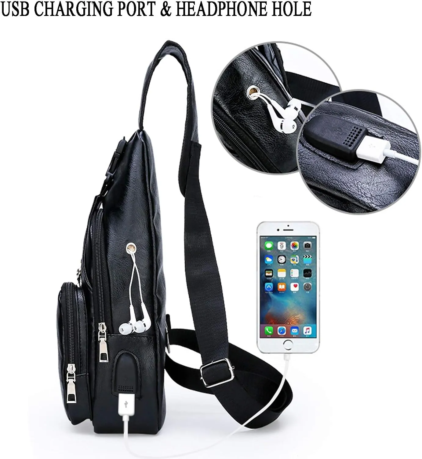 Men's Sling Bag, Business Leather Shoulder Backpacks Campus Travel Crossbody Bag with USB Charging Port