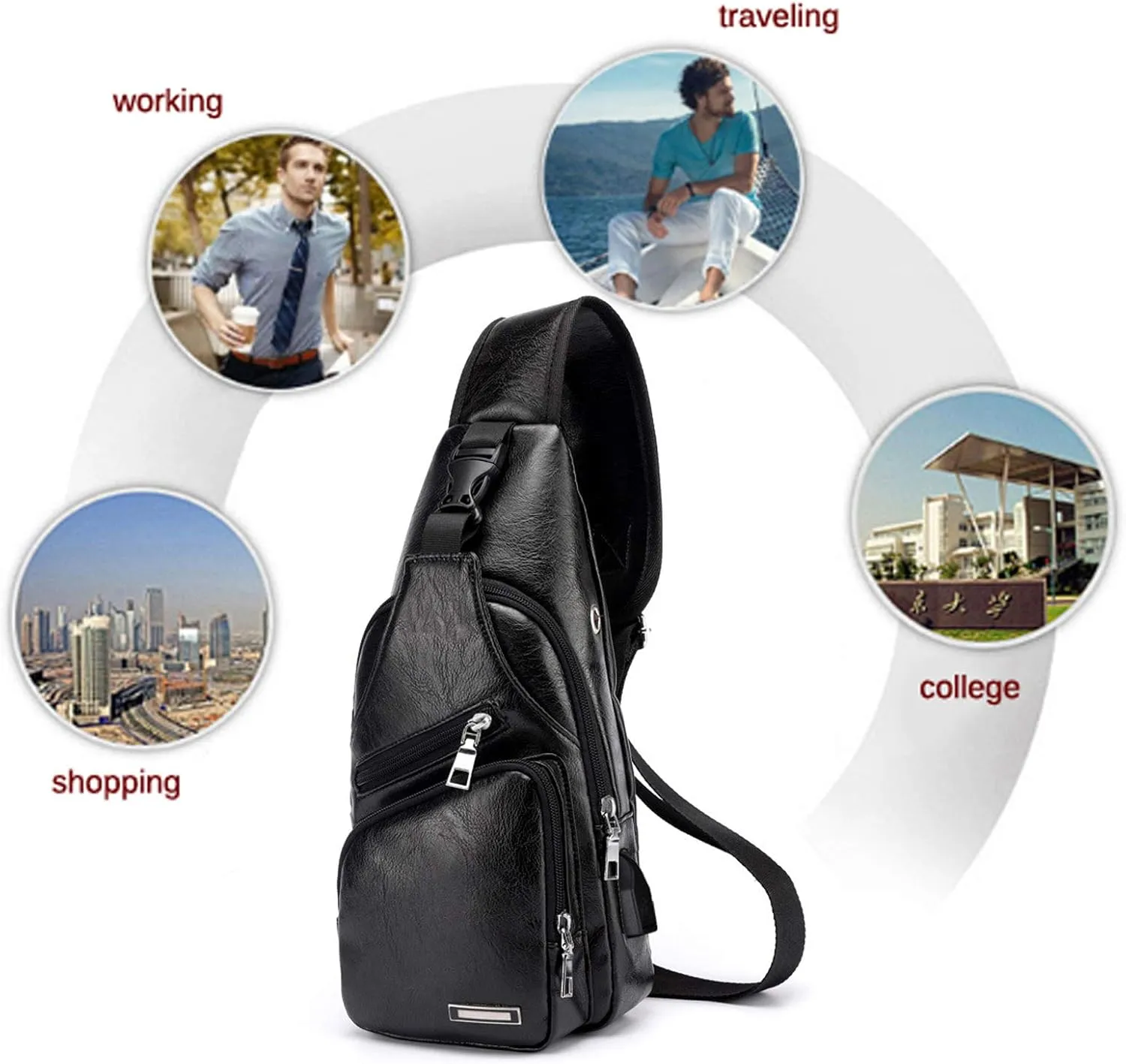 Men's Sling Bag, Business Leather Shoulder Backpacks Campus Travel Crossbody Bag with USB Charging Port