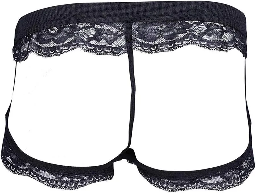 Men's T Back Thong Low Rise Sexy Briefs Lace Leather Underpants Bulge Pouch Lightweight Shorts Brief Soft T-Back