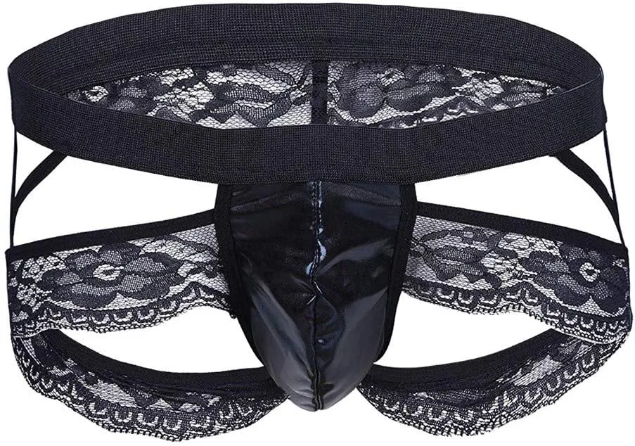 Men's T Back Thong Low Rise Sexy Briefs Lace Leather Underpants Bulge Pouch Lightweight Shorts Brief Soft T-Back