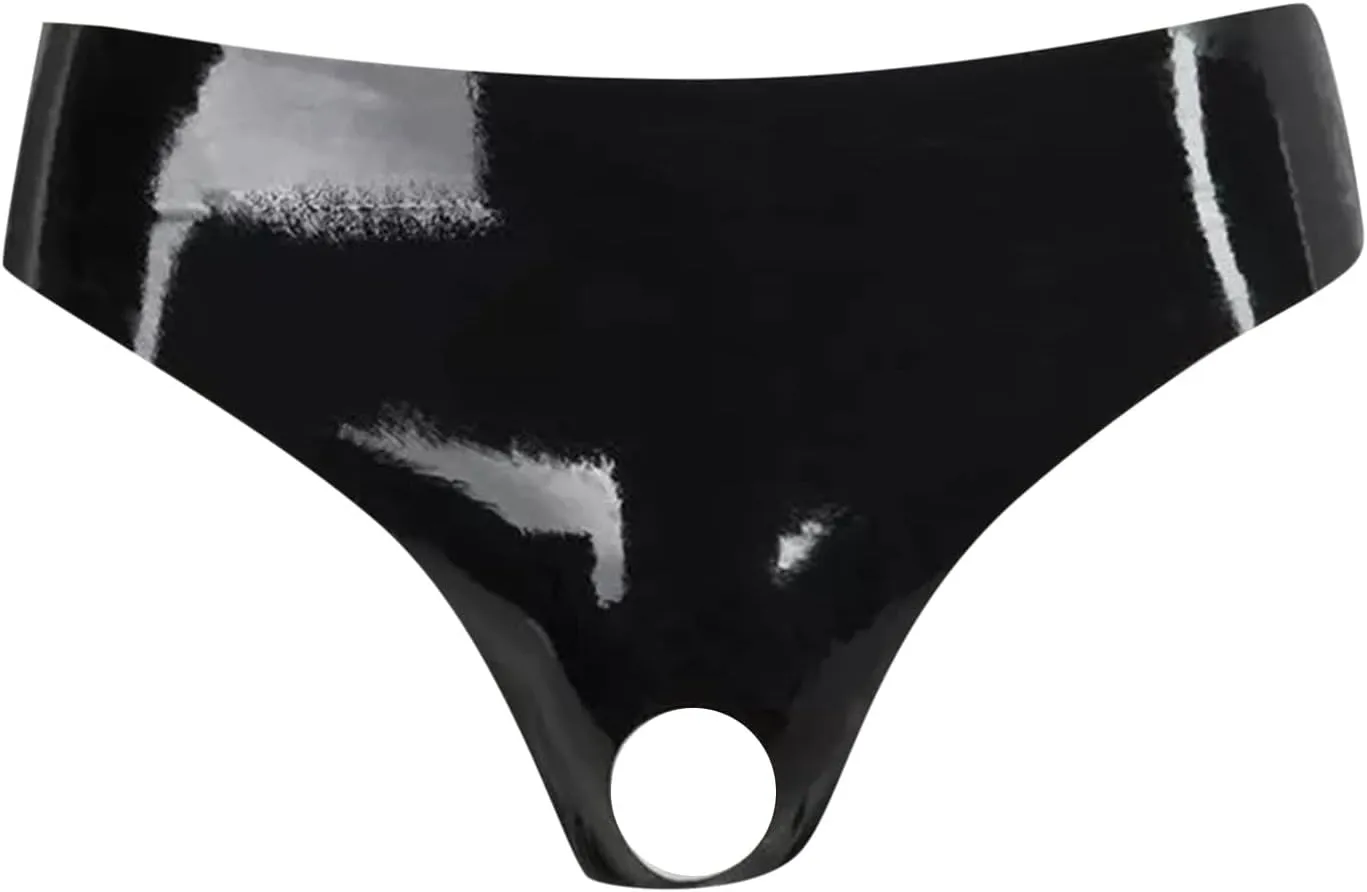 Men's Thong Underwear PU Leather Low Rise Open Hole Underpants Hollow Out Loose-Fit Clubwear Athletic Lingerie