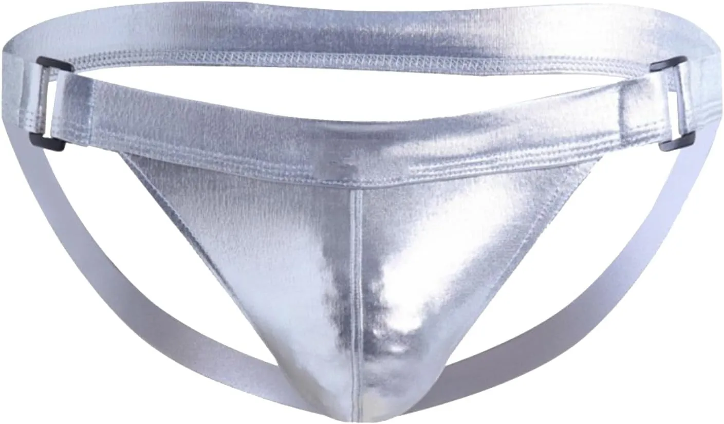 Men's Underwear Faux Leather Thong Underwear G-String with Pouch Butt-Flaunting Gym Low Rise Brief Silver