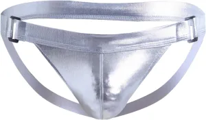 Men's Underwear Faux Leather Thong Underwear G-String with Pouch Butt-Flaunting Gym Low Rise Brief Silver