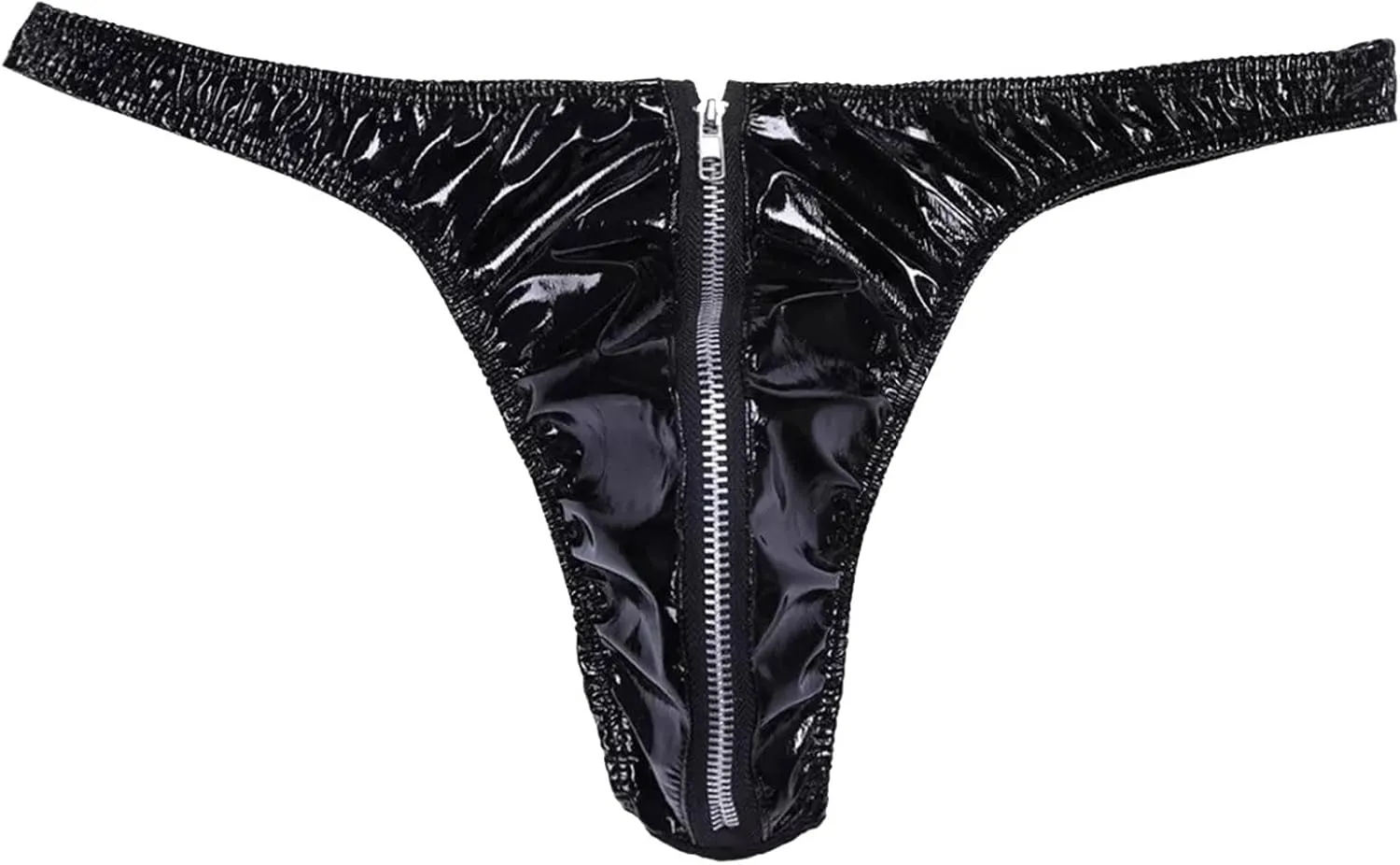 Men's Zipper Front Leather Thong Shiny Metallic Zipper Pouch Bikini Briefs Low Rise Backless Lingerie Jockstrap