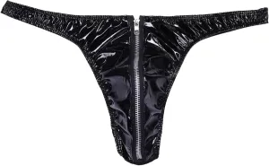 Men's Zipper Front Leather Thong Shiny Metallic Zipper Pouch Bikini Briefs Low Rise Backless Lingerie Jockstrap