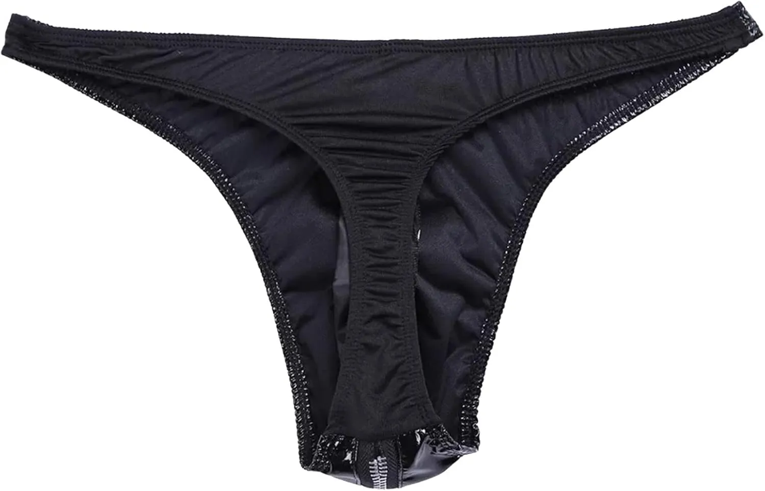 Men's Zipper Front Leather Thong Shiny Metallic Zipper Pouch Bikini Briefs Low Rise Backless Lingerie Jockstrap