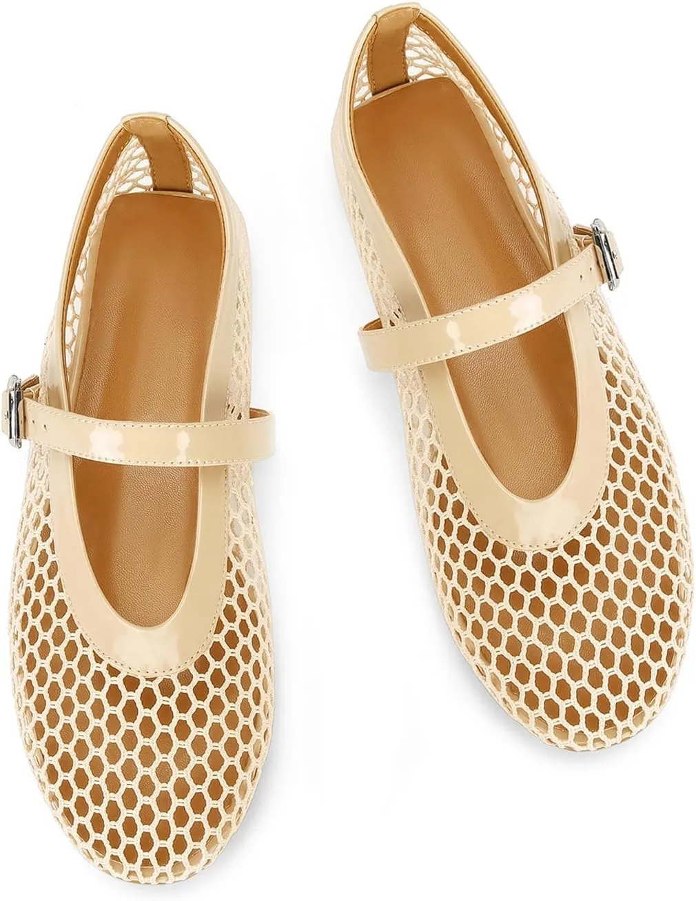Mesh Ballet Flats for Women Buckle Strap Comfy Casual Office Fishnet Ballerina Flat Shoes