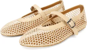 Mesh Ballet Flats for Women Buckle Strap Comfy Casual Office Fishnet Ballerina Flat Shoes