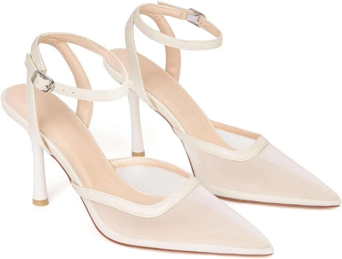 Mesh Closed Toe Ankle Strap Heels Pointed Toe High Heels for Women Stiletto Wedding Dress Shoes