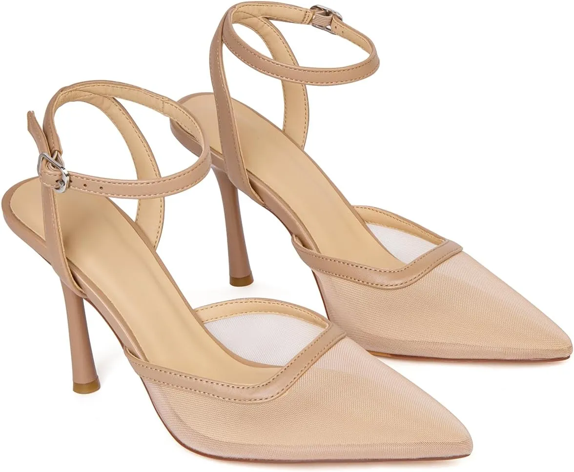 Mesh Closed Toe Ankle Strap Heels Pointed Toe High Heels for Women Stiletto Wedding Dress Shoes