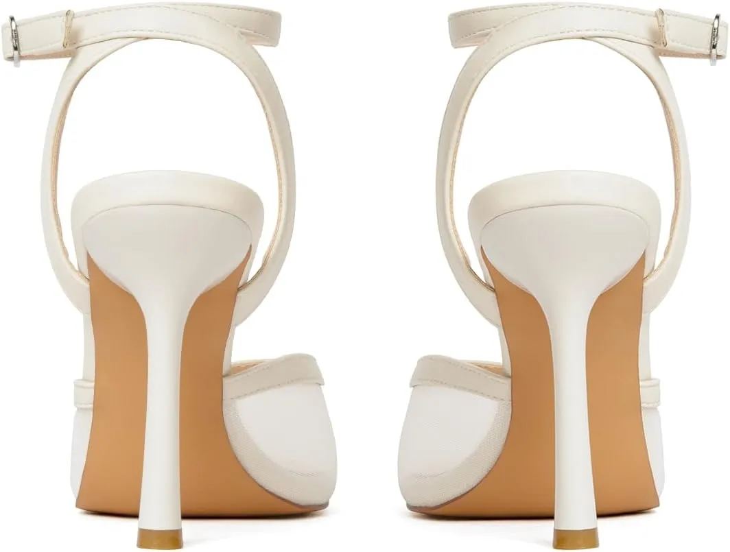 Mesh Closed Toe Ankle Strap Heels Pointed Toe High Heels for Women Stiletto Wedding Dress Shoes