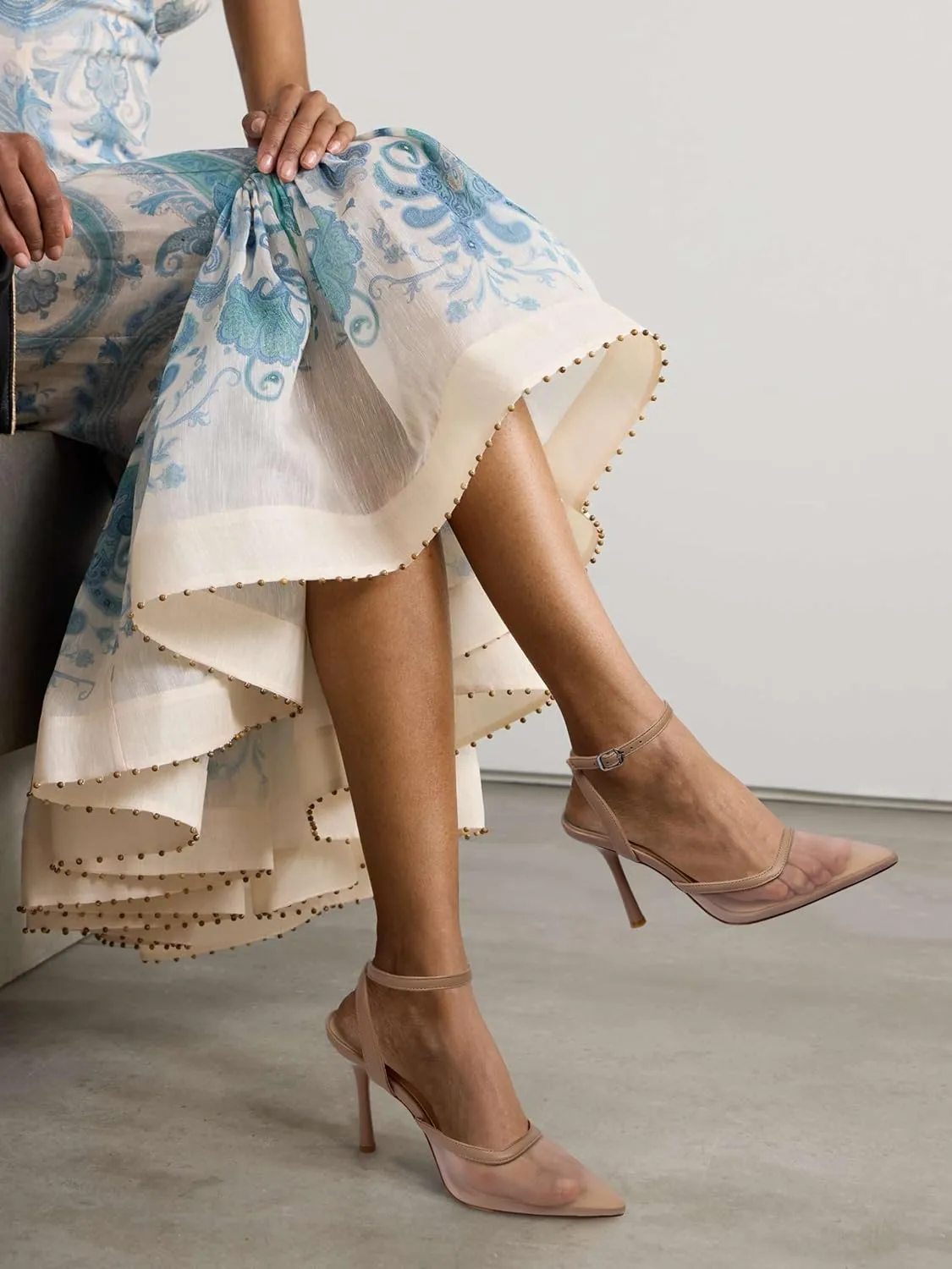 Mesh Closed Toe Ankle Strap Heels Pointed Toe High Heels for Women Stiletto Wedding Dress Shoes