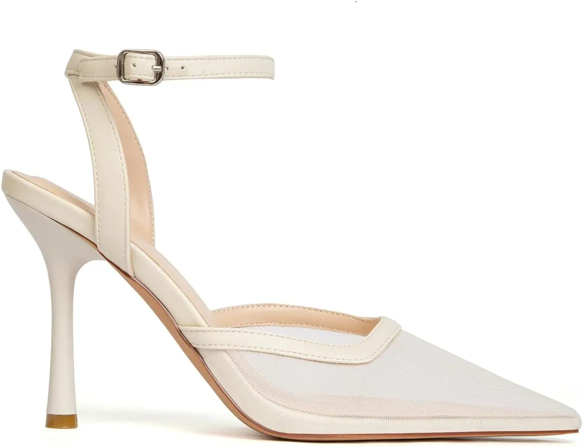 Mesh Closed Toe Ankle Strap Heels Pointed Toe High Heels for Women Stiletto Wedding Dress Shoes