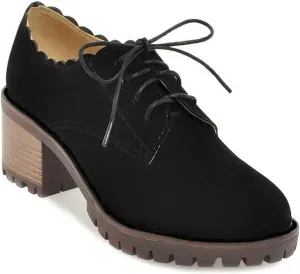 MIOKE Women's Casual Platform Lace Up Pump Oxfords Round Toe Suede Chunky High Heel Vintage Dress Shoes Black