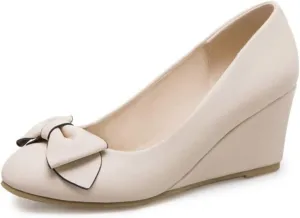 MIOKE Women's Round Toe Mid Wedge Heel Pumps Bow Slip-On Leather Comfortable Chunky Walking Dress Shoes