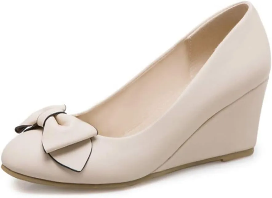 MIOKE Women's Round Toe Mid Wedge Heel Pumps Bow Slip-On Leather Comfortable Chunky Walking Dress Shoes