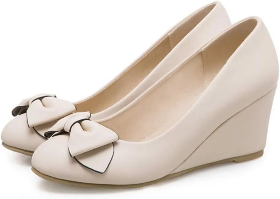 MIOKE Women's Round Toe Mid Wedge Heel Pumps Bow Slip-On Leather Comfortable Chunky Walking Dress Shoes
