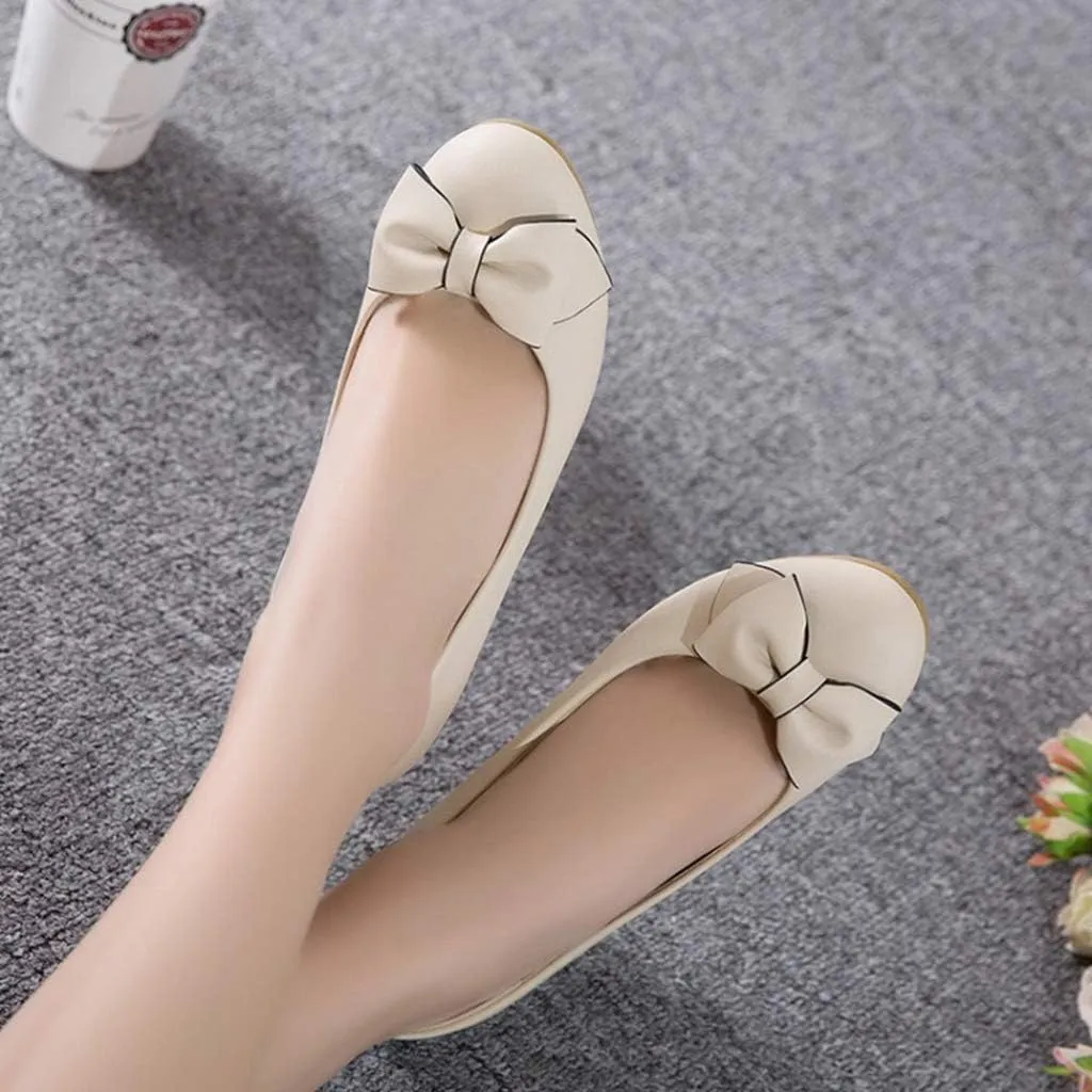 MIOKE Women's Round Toe Mid Wedge Heel Pumps Bow Slip-On Leather Comfortable Chunky Walking Dress Shoes