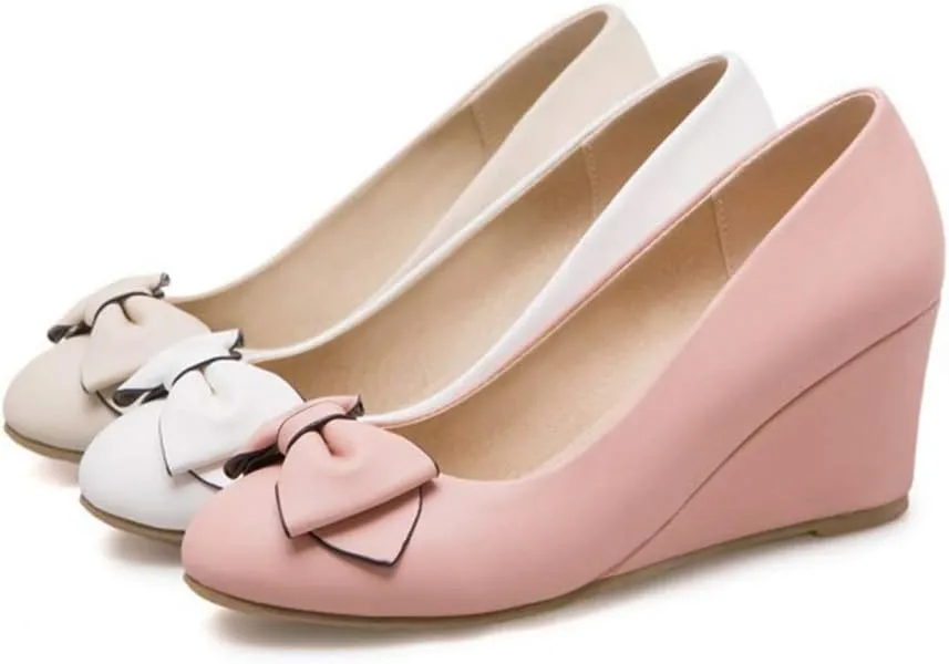 MIOKE Women's Round Toe Mid Wedge Heel Pumps Bow Slip-On Leather Comfortable Chunky Walking Dress Shoes