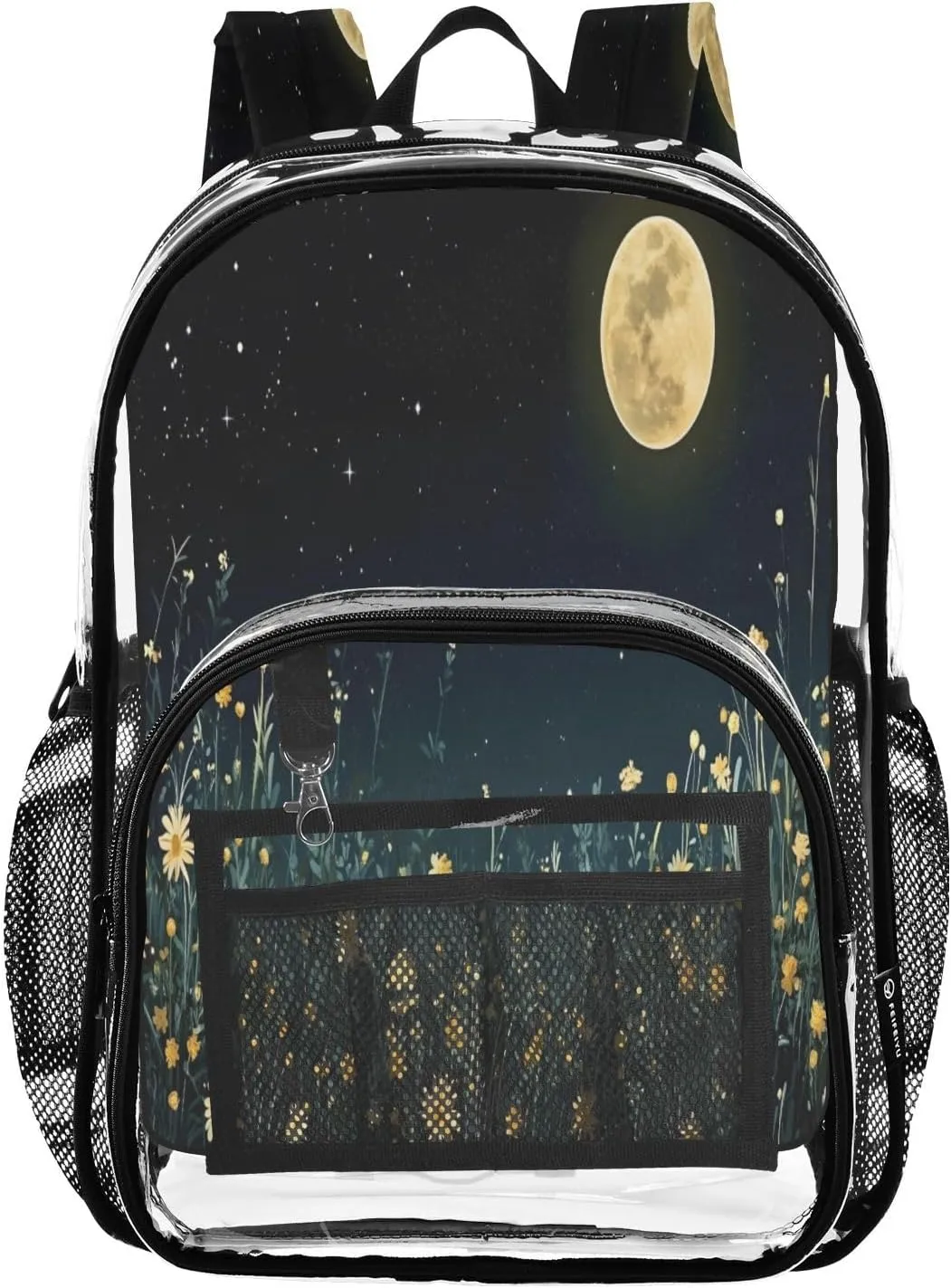 Moon Night Daisy Field Clear Backpack with Back Print, Heavy Duty See Through Backpacks PVC Transparent Daypack for Travel Security