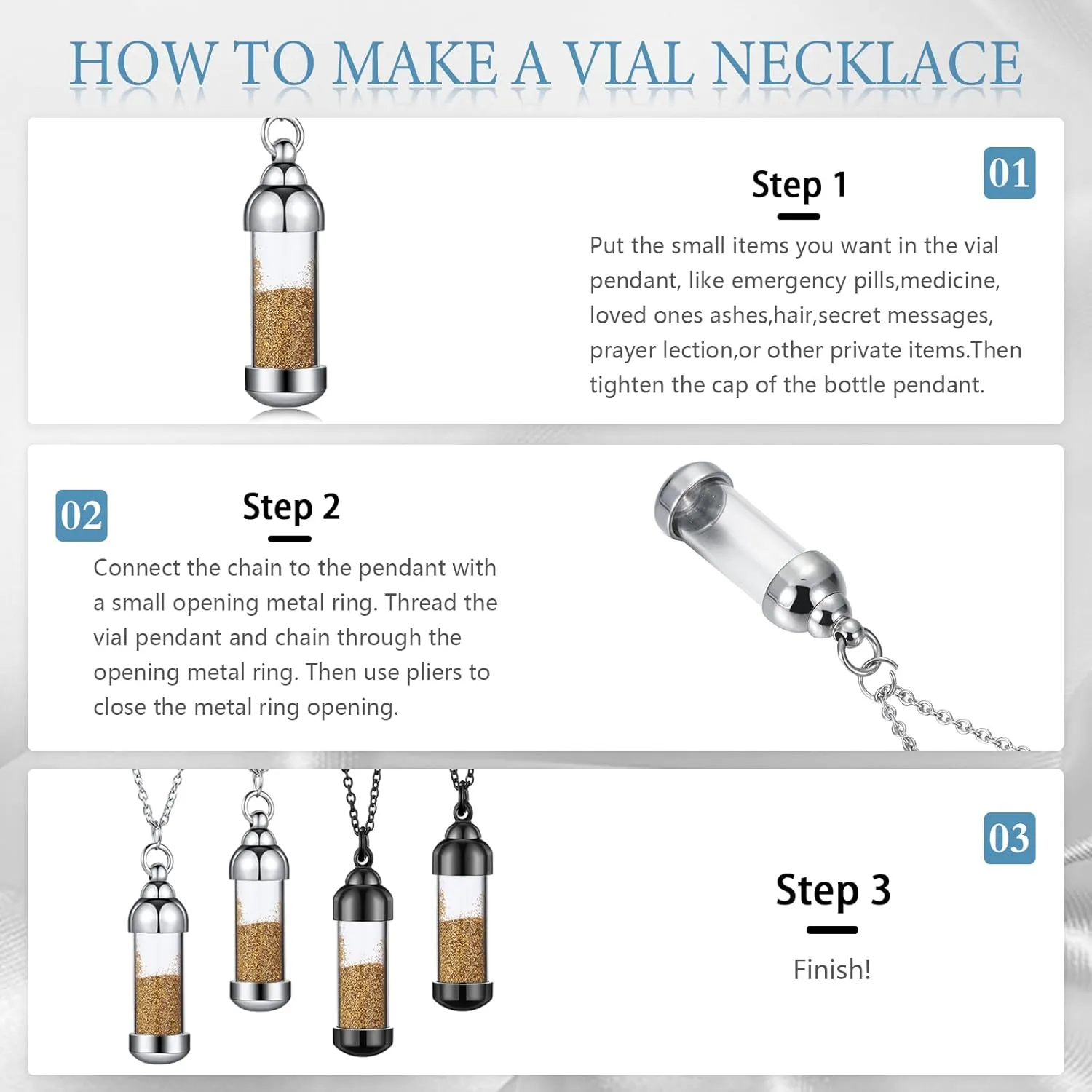 MTLEE 4 Glass Vial Necklace Pendant Set Include 4 Stainless Steel Cremation Urn Blood Pendant Put Ashes in Vial Tube Urn Keepsake Memory with Chain 4 Snake Chain Necklace