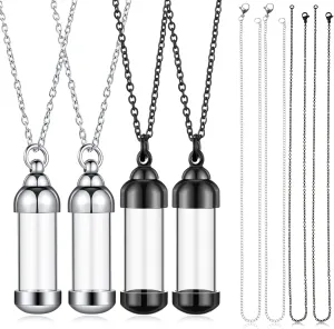 MTLEE 4 Glass Vial Necklace Pendant Set Include 4 Stainless Steel Cremation Urn Blood Pendant Put Ashes in Vial Tube Urn Keepsake Memory with Chain 4 Snake Chain Necklace