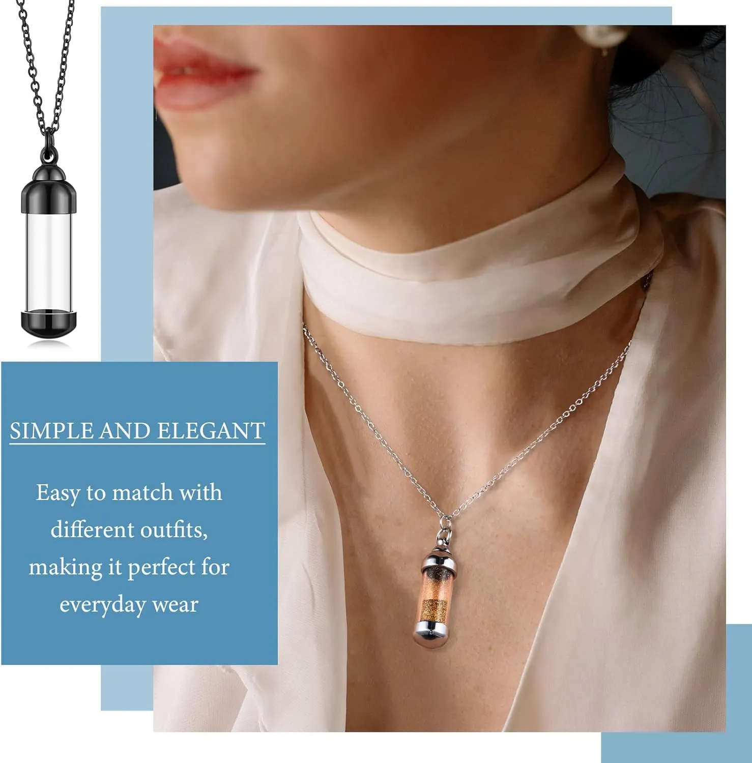 MTLEE 4 Glass Vial Necklace Pendant Set Include 4 Stainless Steel Cremation Urn Blood Pendant Put Ashes in Vial Tube Urn Keepsake Memory with Chain 4 Snake Chain Necklace