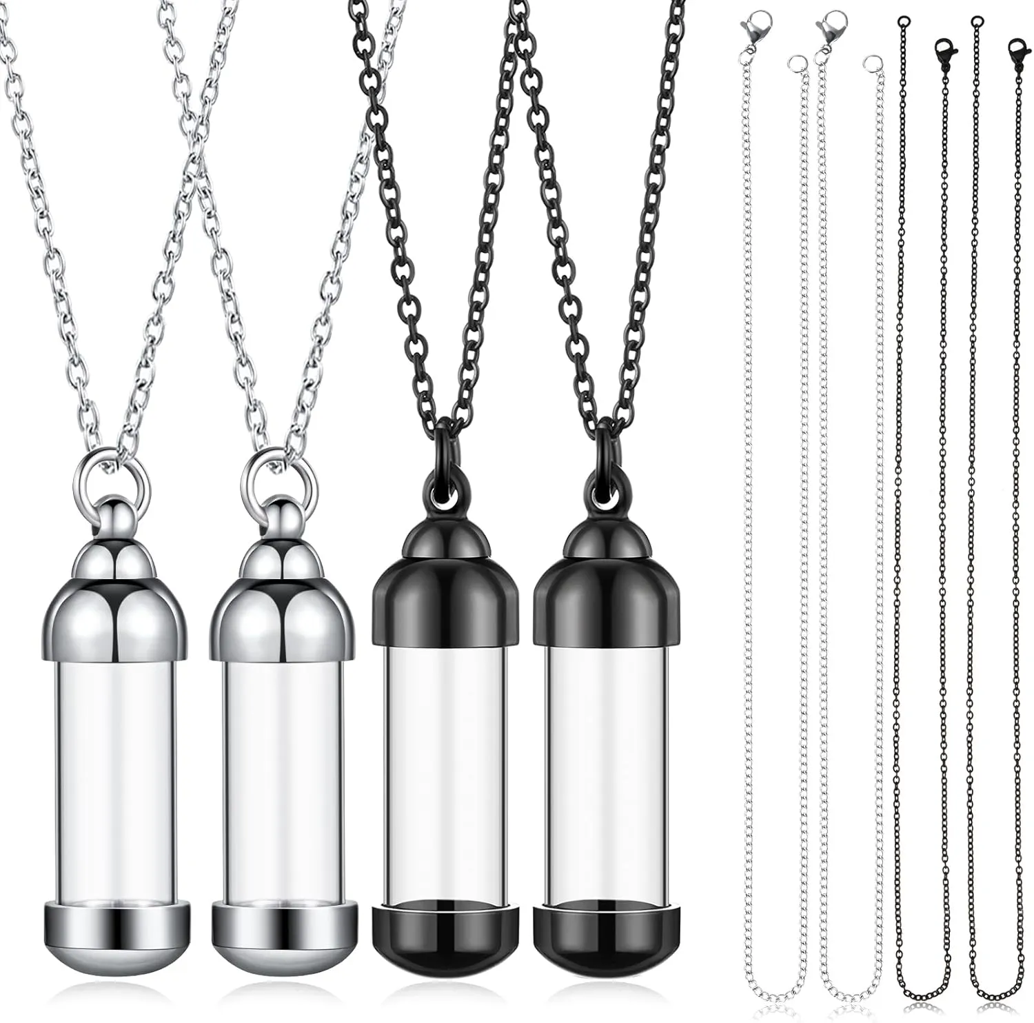 MTLEE 4 Glass Vial Necklace Pendant Set Include 4 Stainless Steel Cremation Urn Blood Pendant Put Ashes in Vial Tube Urn Keepsake Memory with Chain 4 Snake Chain Necklace
