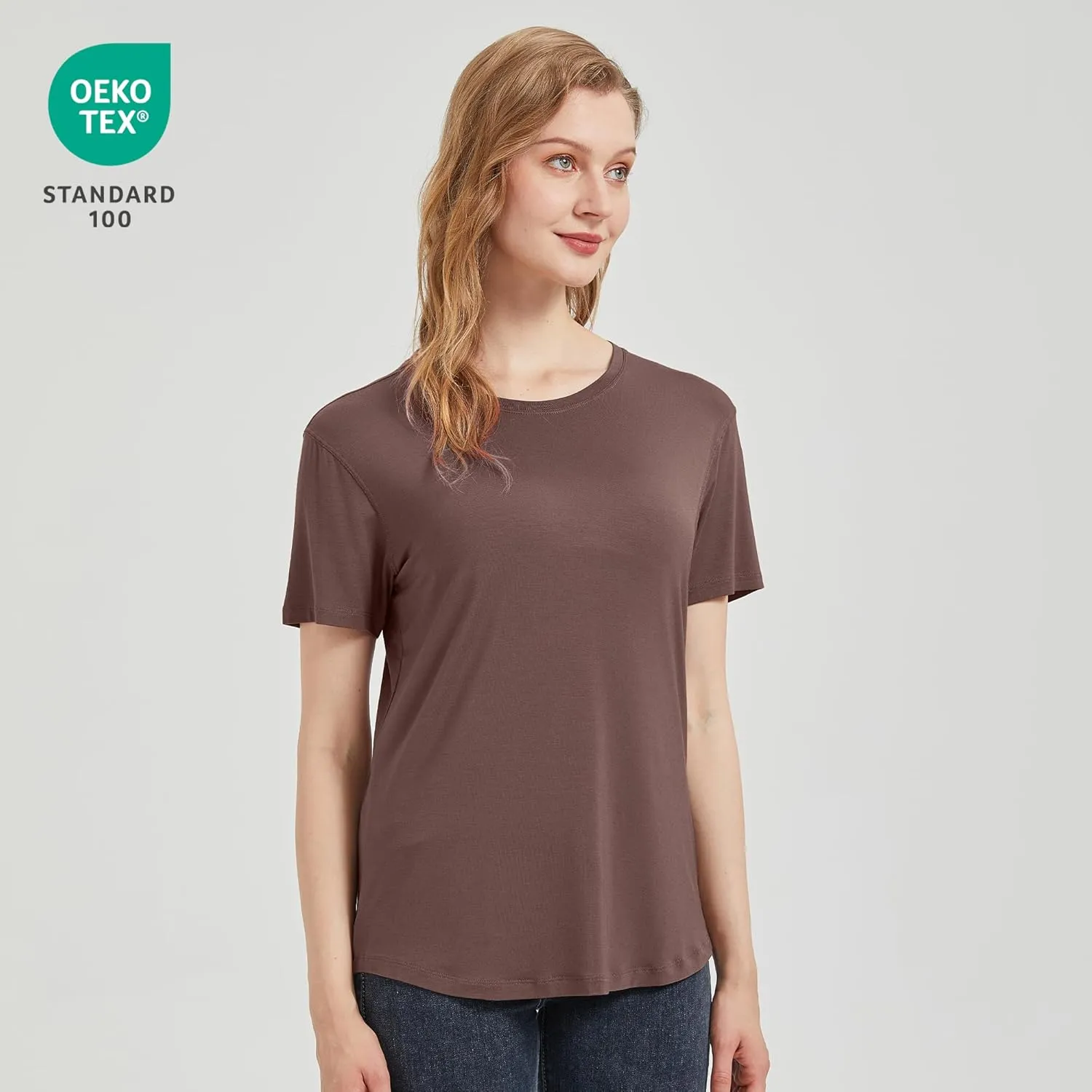 netdraw Women's Lightweight and Soft Bamboo Viscose T-Shirt Curved Hem Crew Neck Smooth Trendy Sleep Lounge Pajama Tops