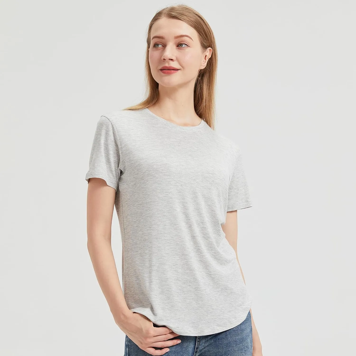 netdraw Women's Lightweight and Soft Bamboo Viscose T-Shirt Curved Hem Crew Neck Smooth Trendy Sleep Lounge Pajama Tops