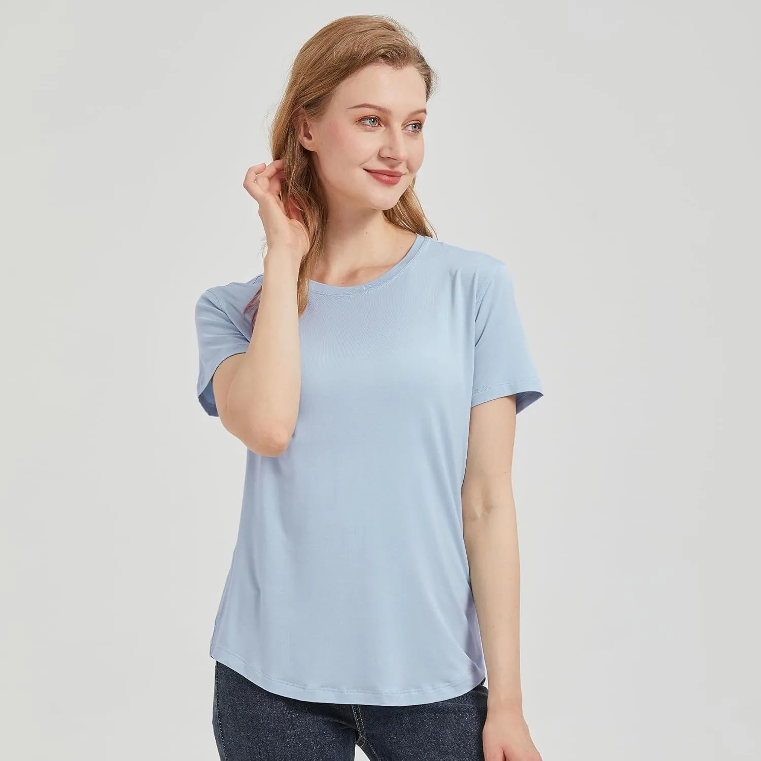 netdraw Women's Lightweight and Soft Bamboo Viscose T-Shirt Curved Hem Crew Neck Smooth Trendy Sleep Lounge Pajama Tops